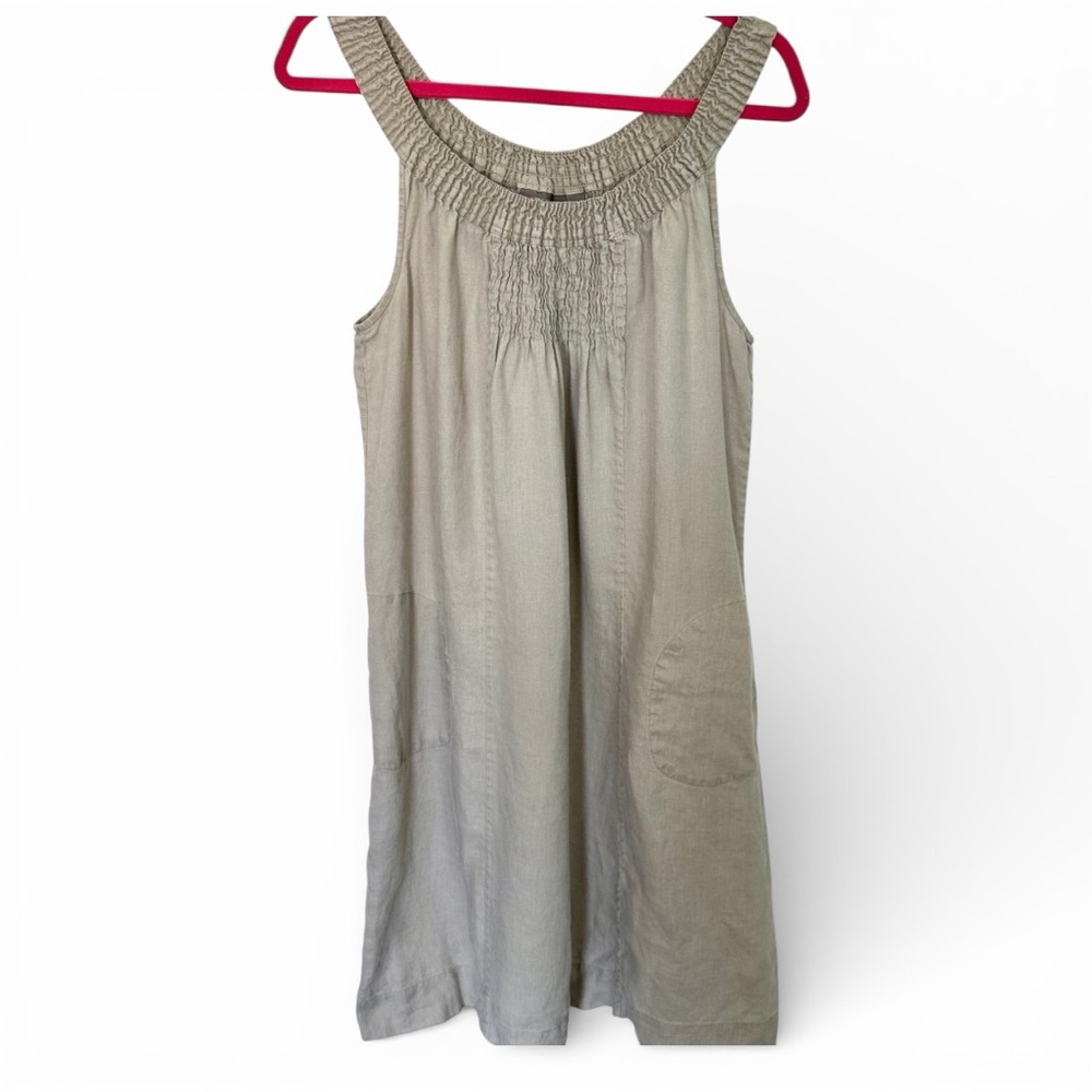 Sussan Taupe 100% Linen Smocked Sleeveless Dress with Pockets Size 8